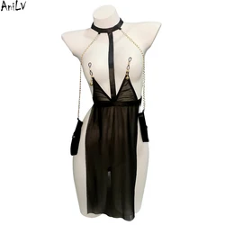 AniLV Women Mesh Transparent Temperament Uniform Chain Chest Clip Dress Lingerie Pajamas Outfit Costumes