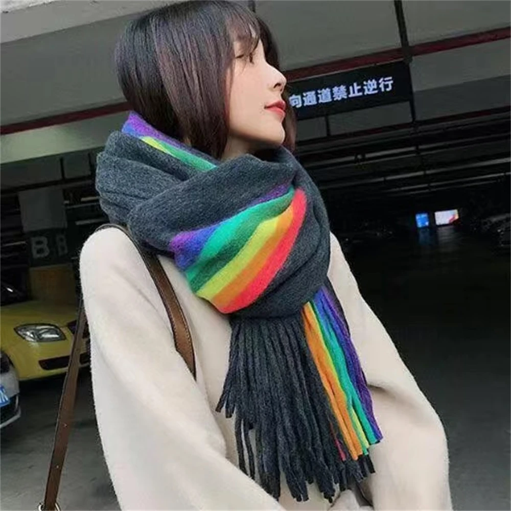 Women\'s Rainbow Scarf Winter Cashmere Shawl Thickened Warm Knitted Line Scarf Long Fashion Bufandas Shawl Pashmina for Femme