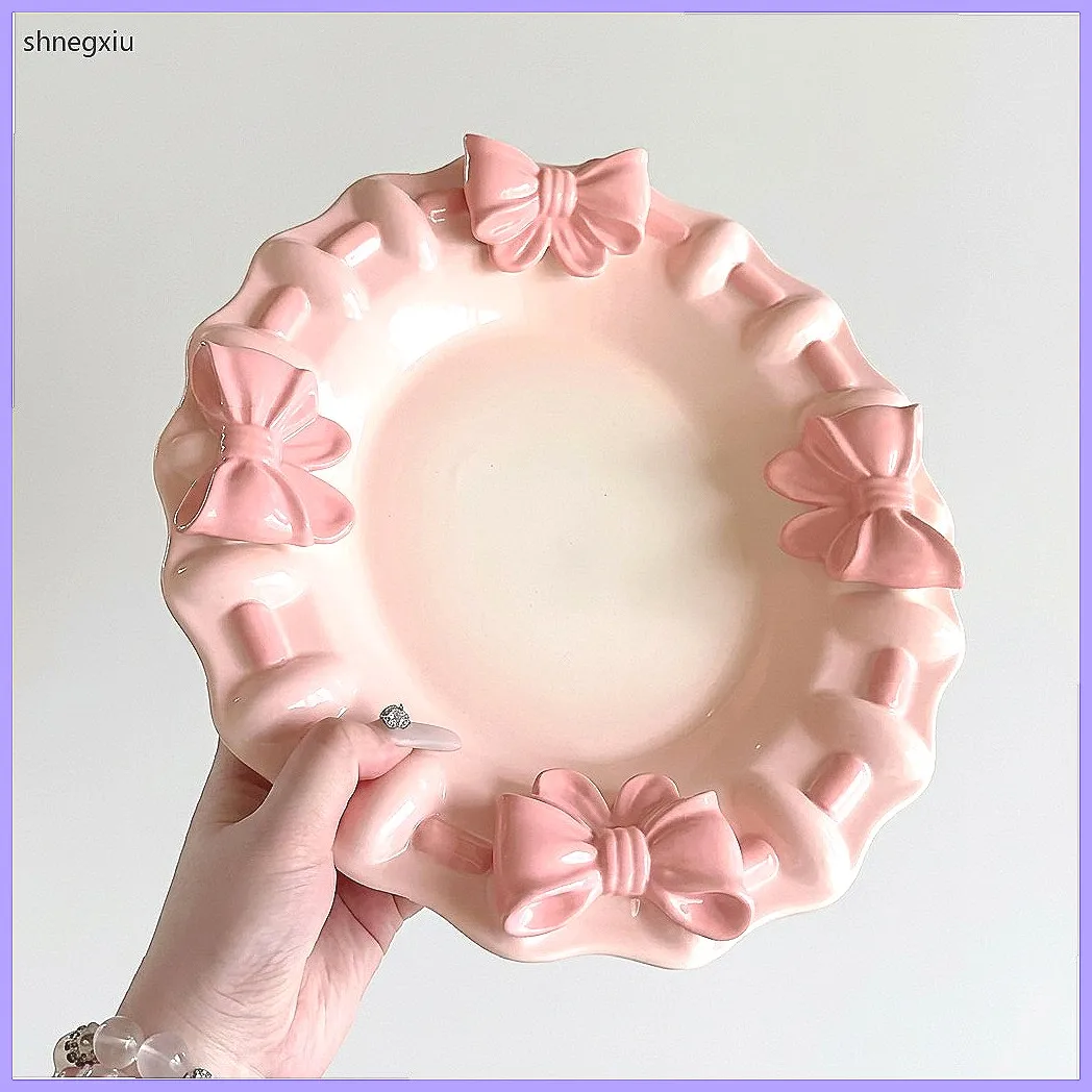 Luxury French Style Ceramic Serving Plate, Embossed Bow Sculpted Dinnerware Dessert Dish, Elegant Gift