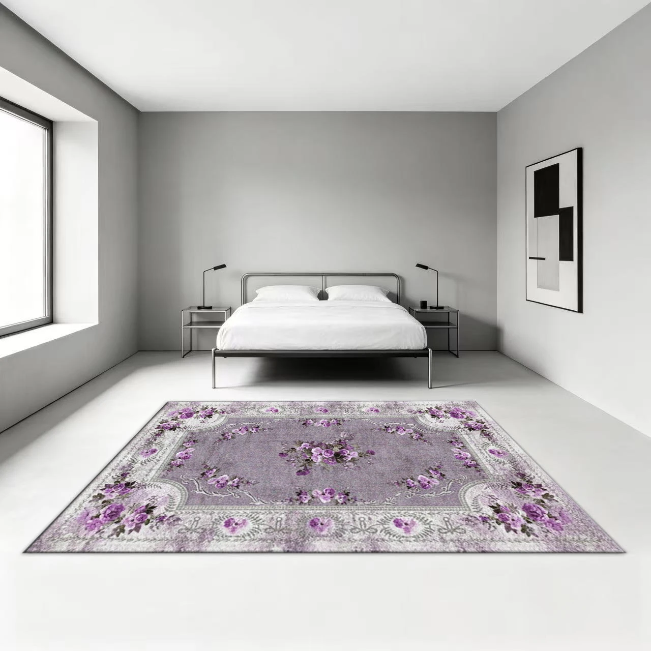 Vintage Romantic Rose Floral Area Rug, Ornate Frame Pattern Decorative Floor Carpet for Bedroom Living Space