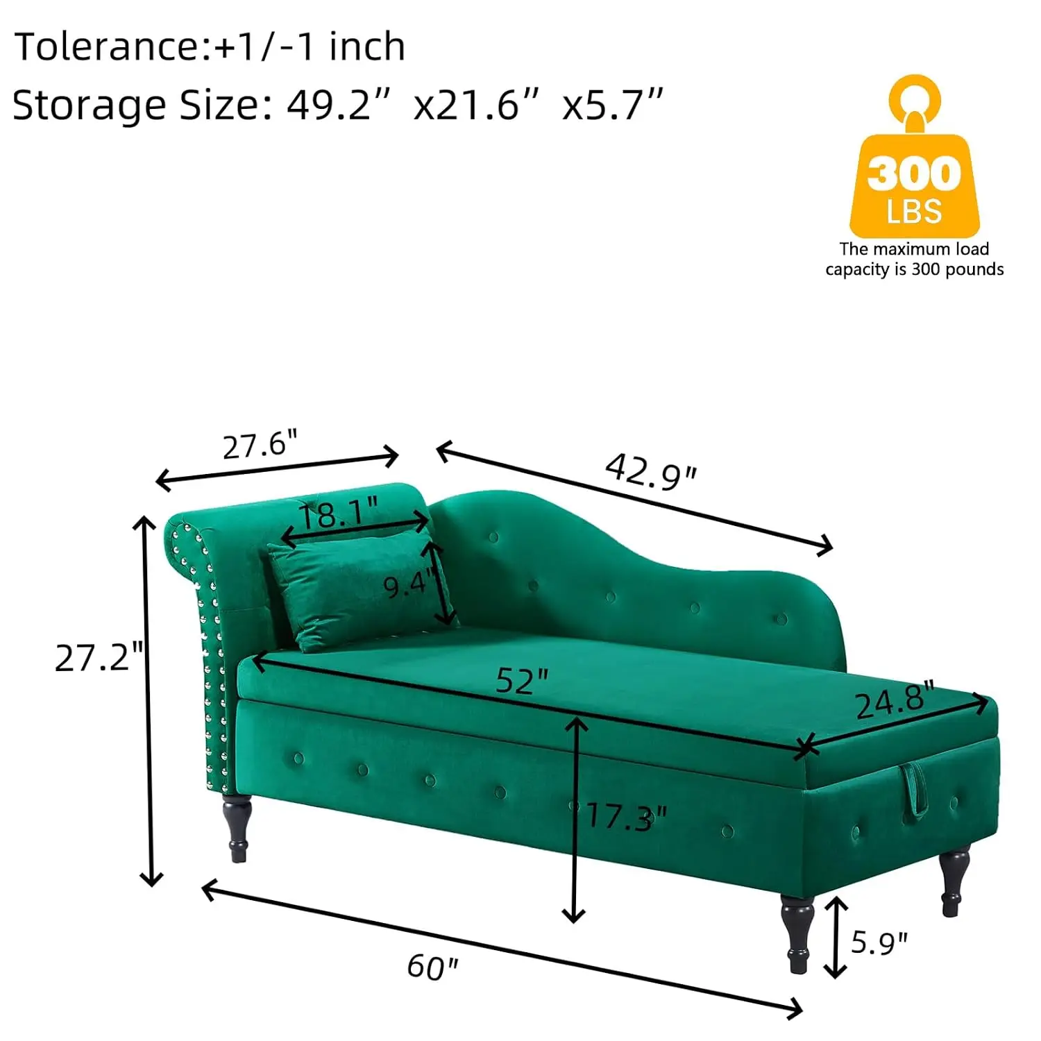 Velvet Chaise Lounge Storage Pillow, Tufted Arm Nailhead Trim, Sleeper Sofa Bed Bedroom Living Room 60