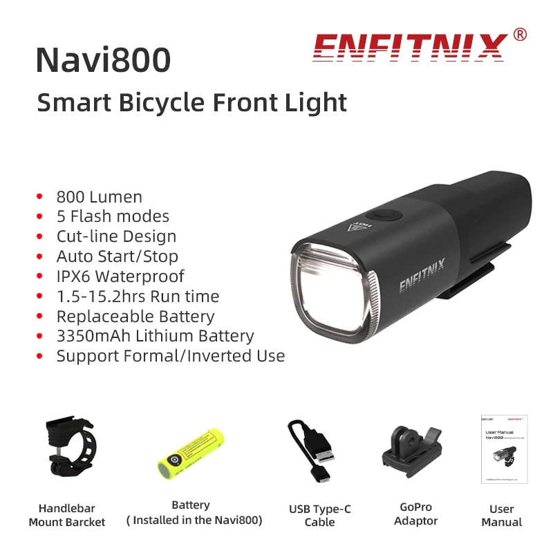 Enfitnix Navi800 Bicycle Front Light 800Lumen USB LED Rechargeable Set Mountain Cycle Front Cycling Safety Warning Light