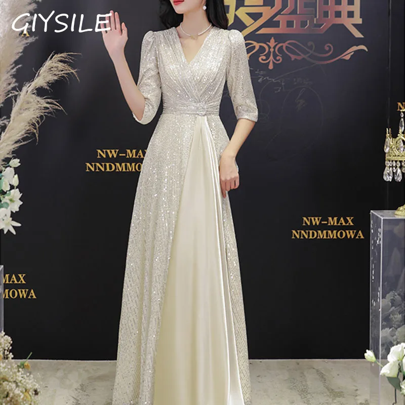 

Festival Dress Dignified and Elegant Half Sleeved Long Evening Dress Light Champagne Gold Color Shiny Dress Vestidos De Fiesta