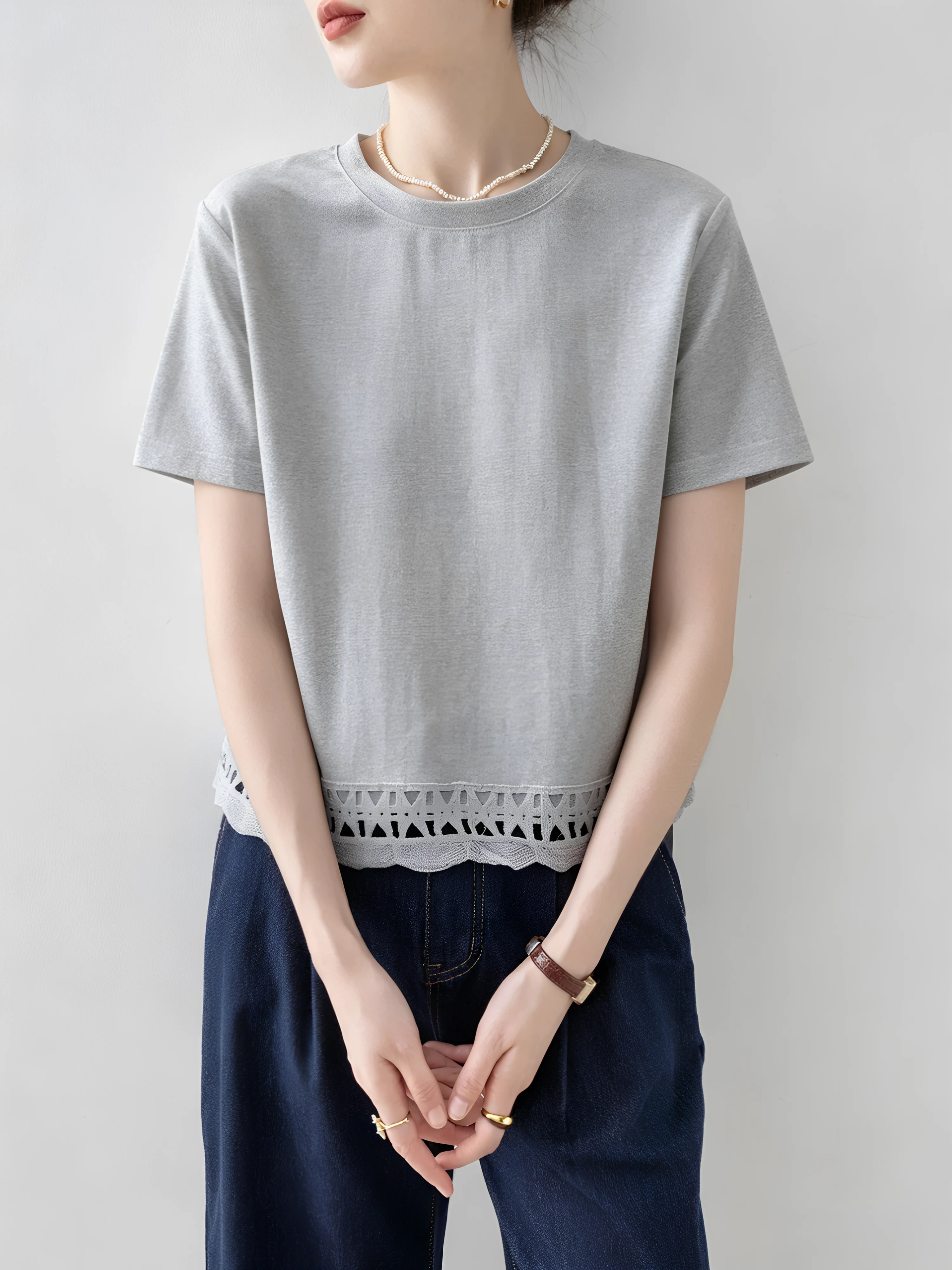 

Loose Casual White T-Shirt Women's Summer New Style Large Size Fat MM Short Sleeve Splice Lace Leisure Top Cotton 95% Polyest...