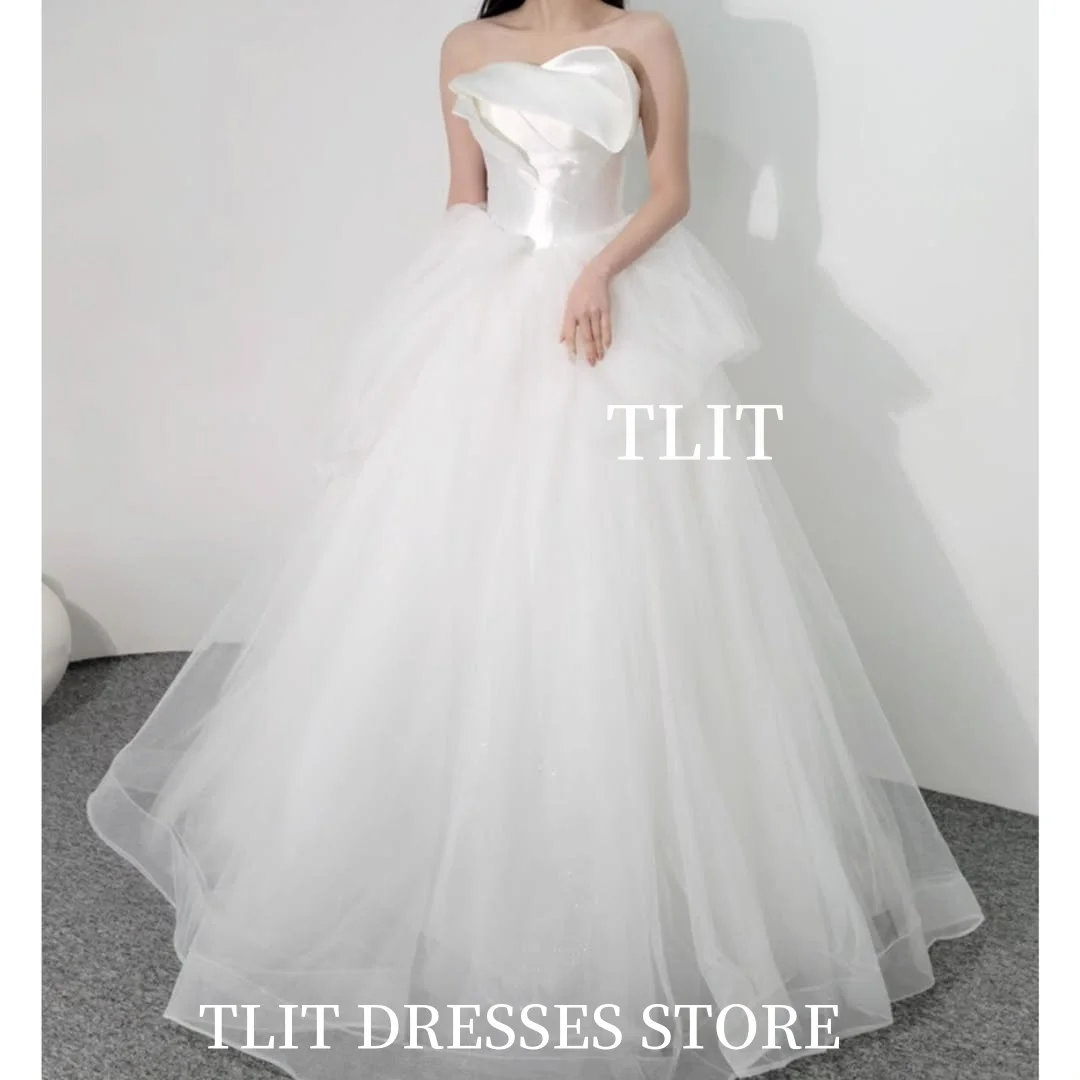 فستان زفاف أنيق من التول الأبيض من TLIT بدون حمالات بدون أكمام فساتين زفاف كورية فستان زفاف تبادل لاطلاق النار حسب الطلب