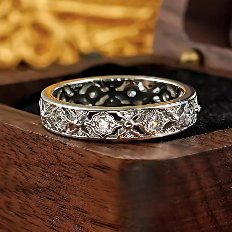 925 Silver Cloth Lace Pattern Retro Palace Ring Narrow Edition Inlay Cultivation High Carbon Diamond Stacked Women's Ring