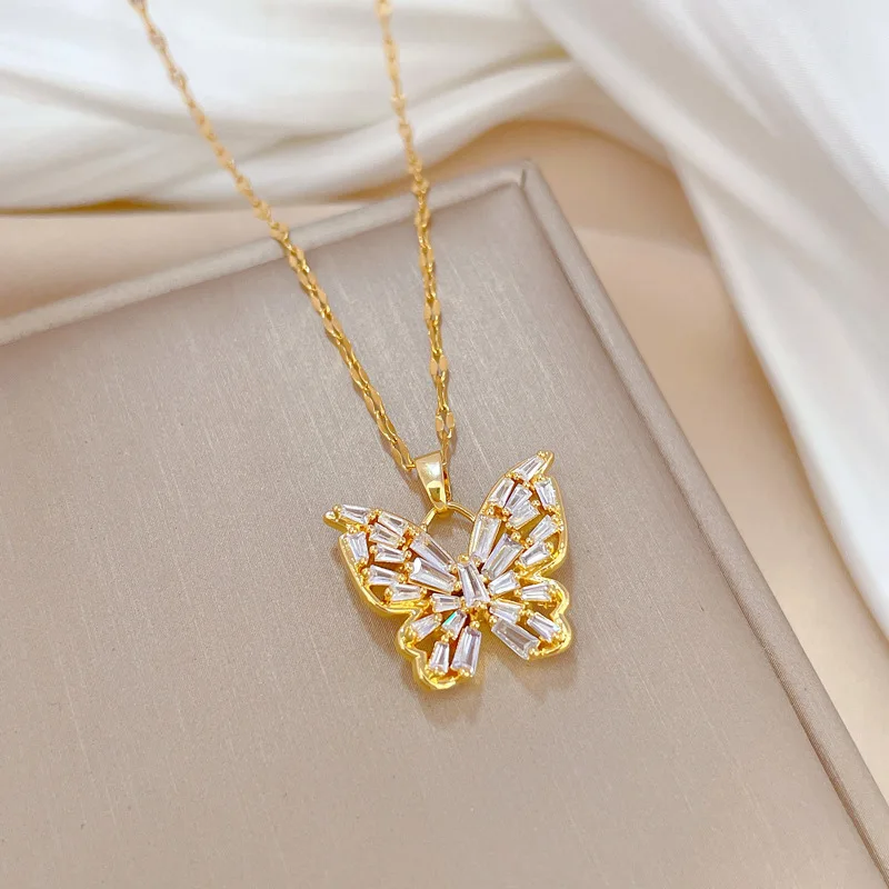 MEYRROYU 316L Stainless Steel Necklace Golden Butterfly Zircon Shiny Pendant Clavicle Accessories For Women Gifts Jewelry Bijoux