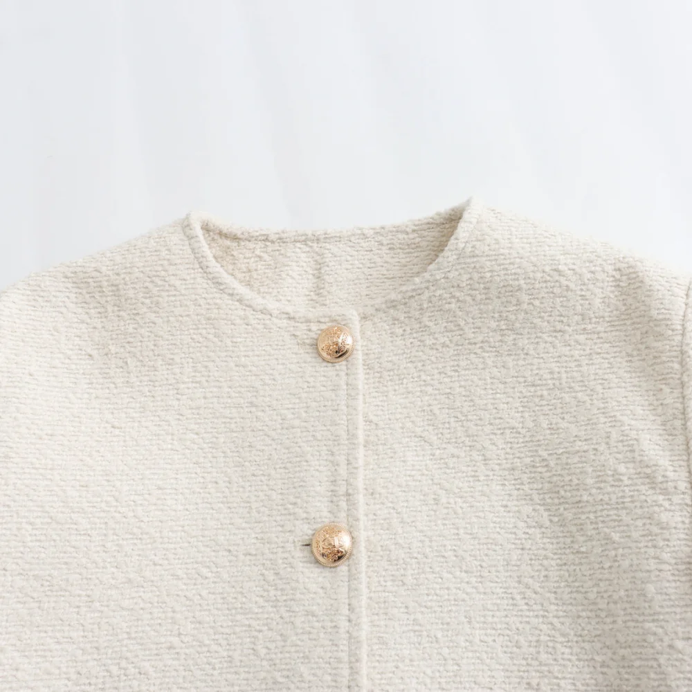 المرأة الملمس فضفاض أعلى جولة الرقبة طويلة الأكمام زر جيب الخريف / الشتاء نمط جديد معطف أنيق