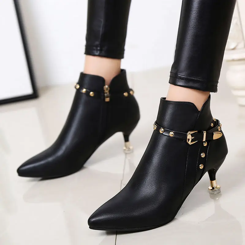 Comemore Booties Woman Winter 2022 Stiletto Pointed Toe Short Boots Women Autumn Korean Style Rivet Ankle Boot Leather Shoes 34