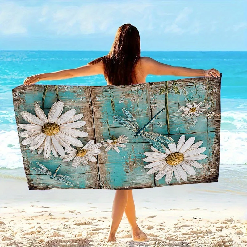 

1pc Oversized Beach Towel with Dragonfly & Daisy Floral Design - Soft Microfiber Bath Towel Suitable for Swimming,Travel,Camping