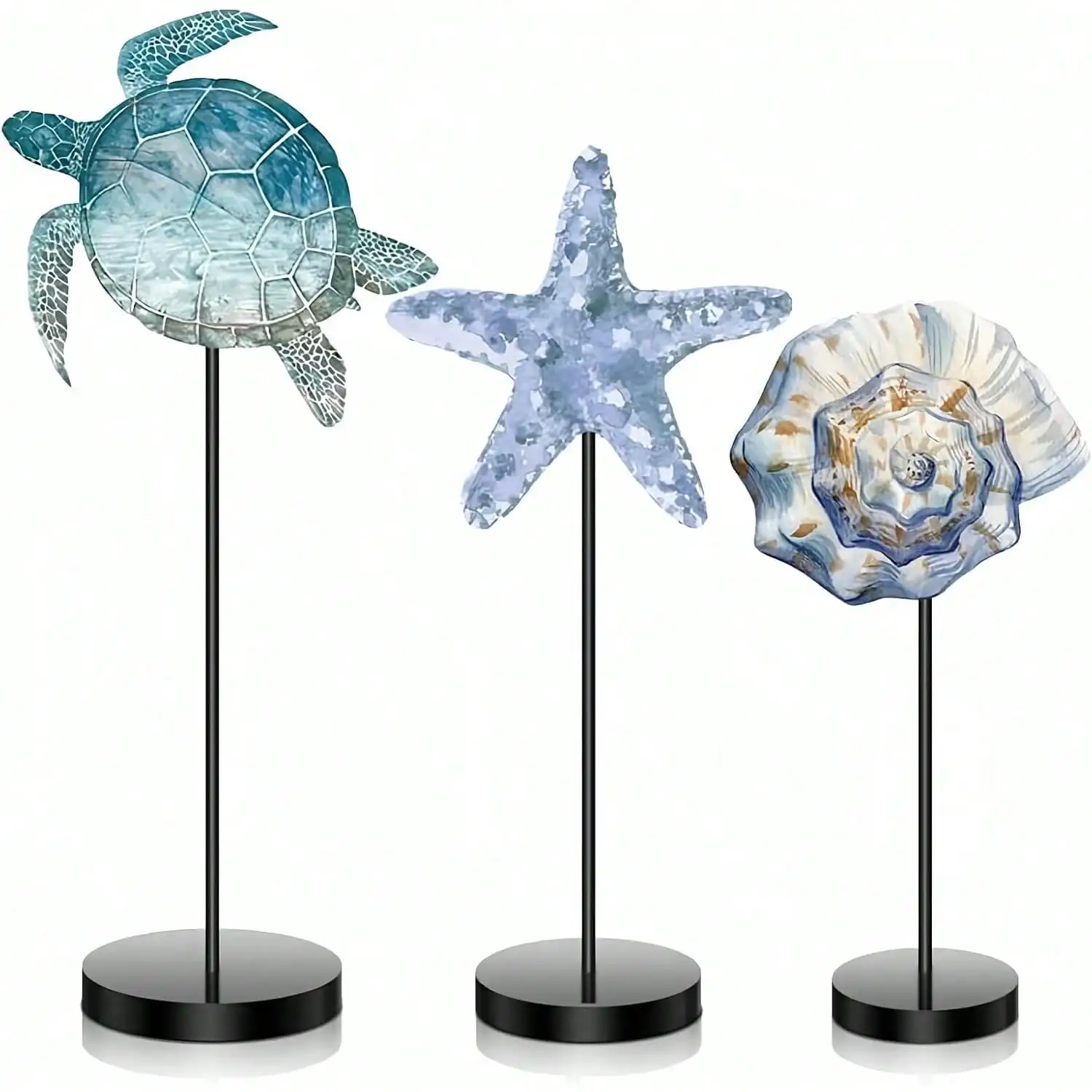 Set di 3 Decorazioni da Tavolo a Tema Marino, Tartaruga e Stella Marina, Centrotavola Nautico da Spiaggia, Blocco Decorativo in Legno