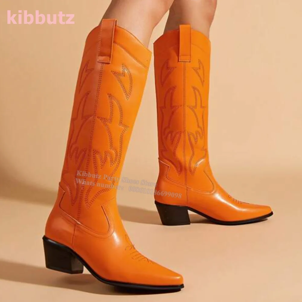 

Embroidery Western Knee High Boots Genuine Leather Solid Pointed Toe Chunky Heel Slip-On Fashion Sexy Vintage Women Shoes Newest