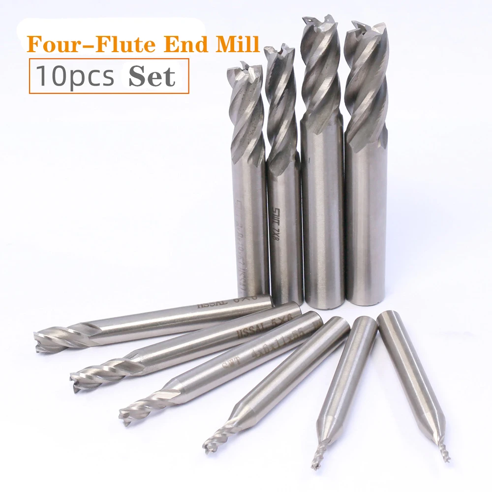 

10pcs 4-Flute End Mill Bits, 1.5-12mm HSS CNC Straight Shank Drill Bits Cutter Tool Set for Wood Aluminum Steel Titanium