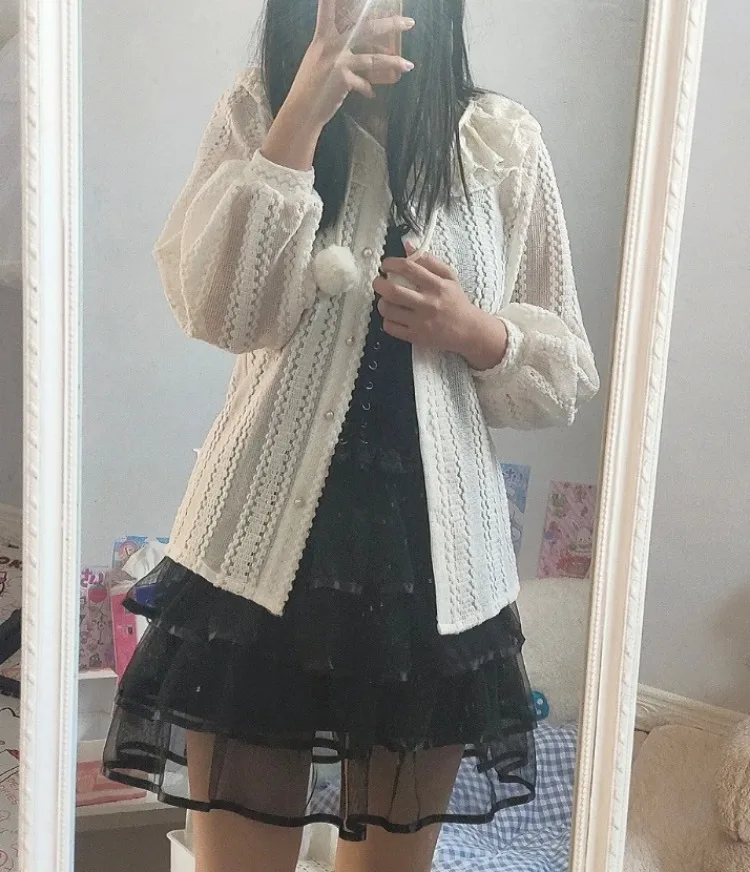 

Японская милая кружевная рубашка с рюшами в стиле гранж, ажурные Y2k, эстетические блузки, фея, Харадзюку, абрикосовые блузки, одежда в стиле Лолиты, торговый центр, гот