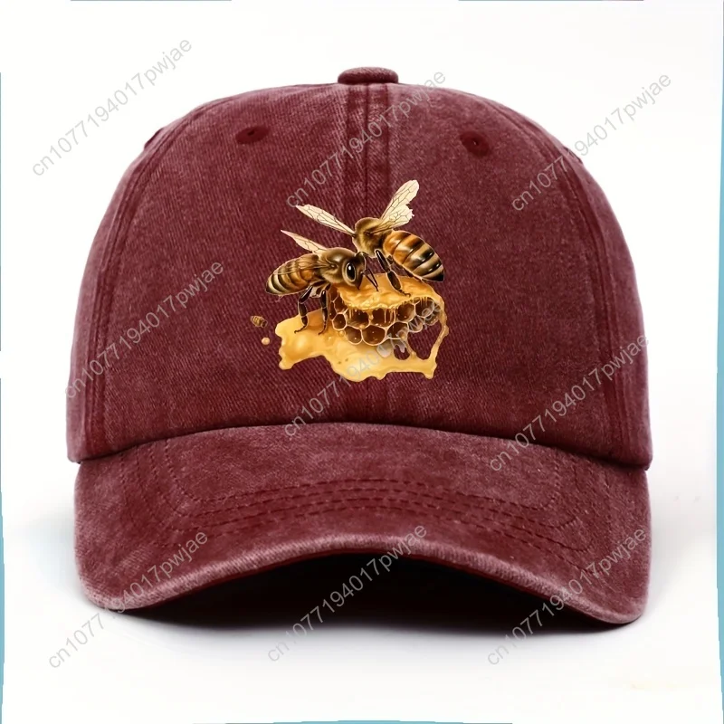 قبعة بيسبول للجنسين مكونة من قطعة واحدة مع طباعة النحل والعسل - تصميم طبيعي بني ذهبي على بوليستر أسود وخفيف الوزن لملابس الشارع