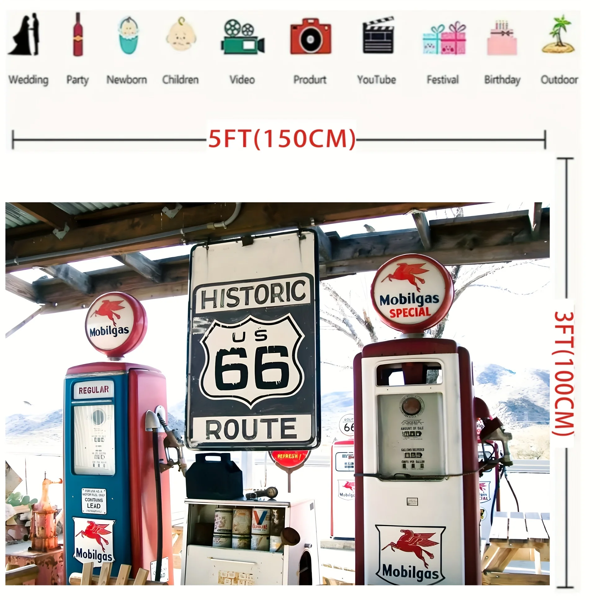 Vintage Route 66 Gas Station photo background - ideal for themed party decorations