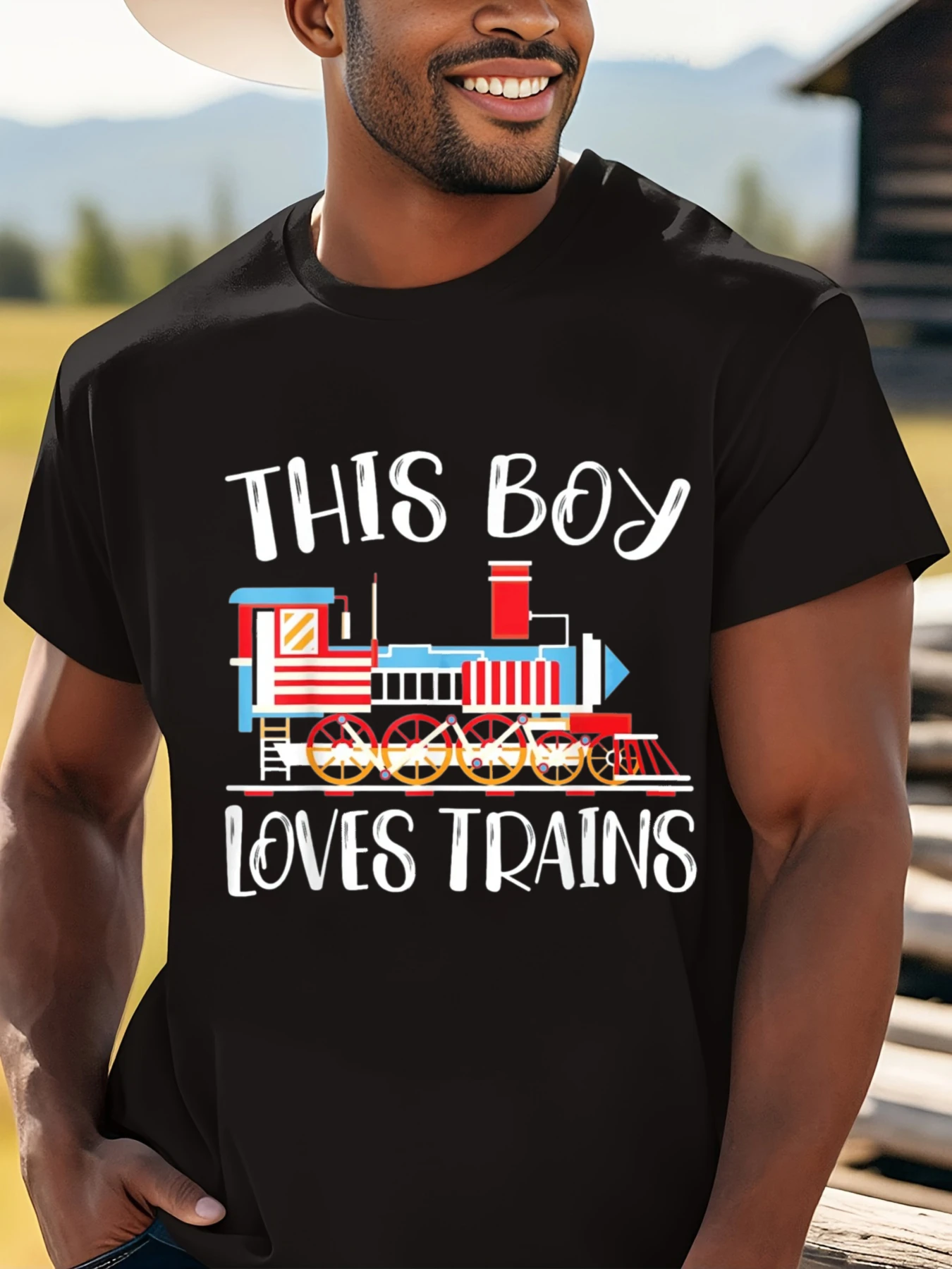 

This Boy Loves Trains Graphic Tee Men's Cotton Crewneck Shirt for Train Enthusiasts and Drivers