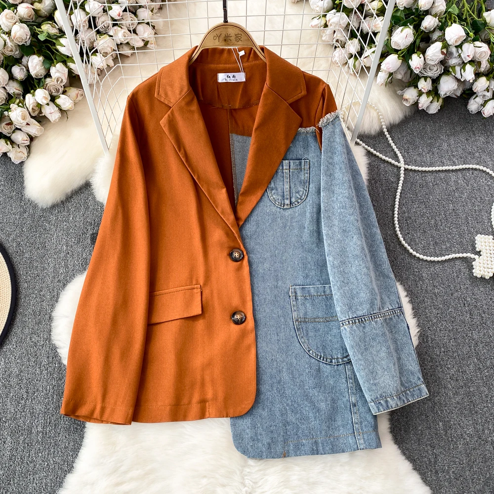 Design Denim Patchwrok Coat For Women Autumn Spring Single Breasted Irregular  Jacket Matchting Color Women\'s  Jackets