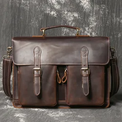 Vintage ręcznie robiona skórzana torebka Crazy Horse teczka o dużej pojemności dla mężczyzn 15 