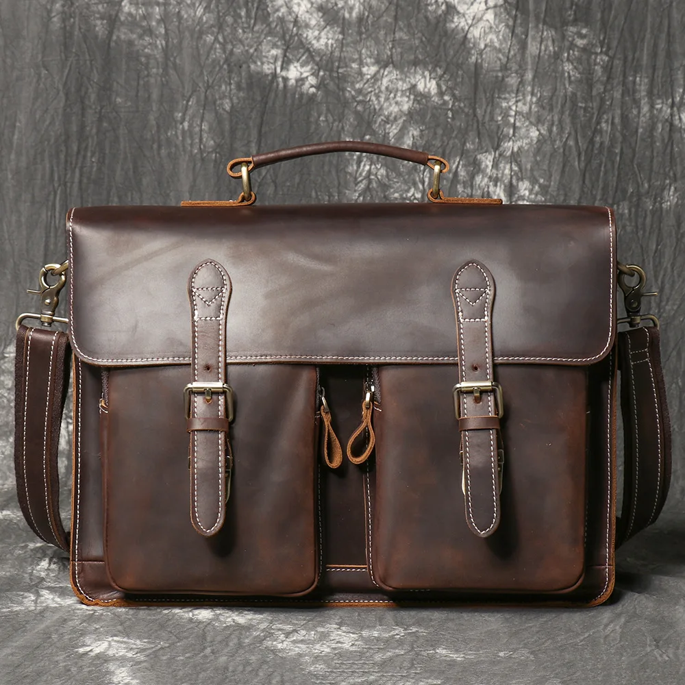 Vintage Handmade Crazy Horse Leather Handbag Large Capacity Briefcase For Men 15