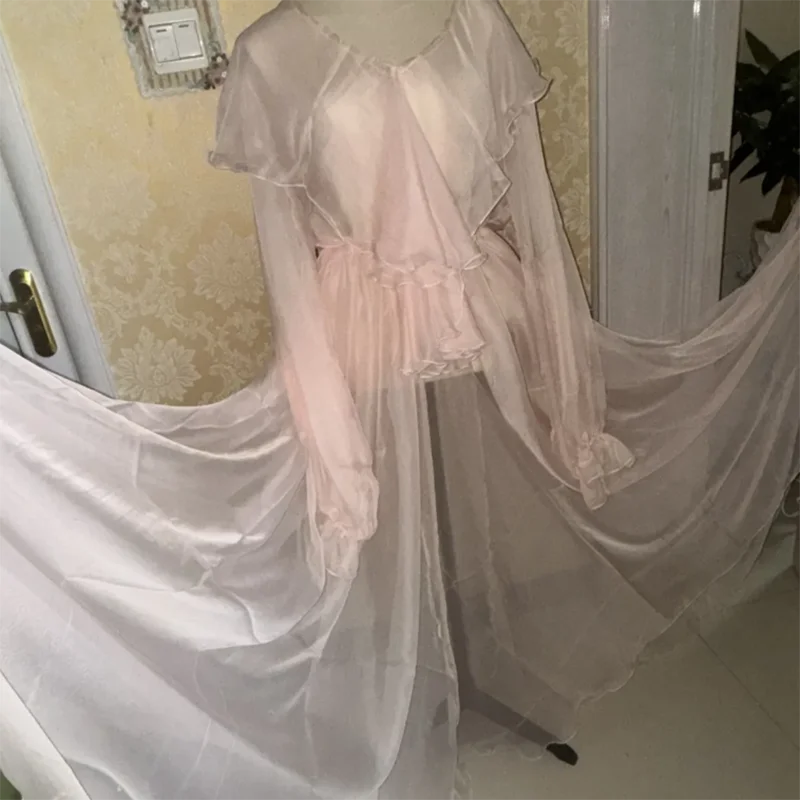 

8-10m Big Swing Dress Men Women Sexy Transparent Ice Silk Tulle Fairy Ruffles Long Dress Erotic Sheer Silky touch Sleep Robe COS