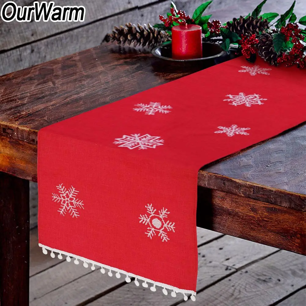 christmas table runners 72 inch Table Flag Cover Snowflake Table Runner white pom pom Embroidered Christmas Decorations 2024