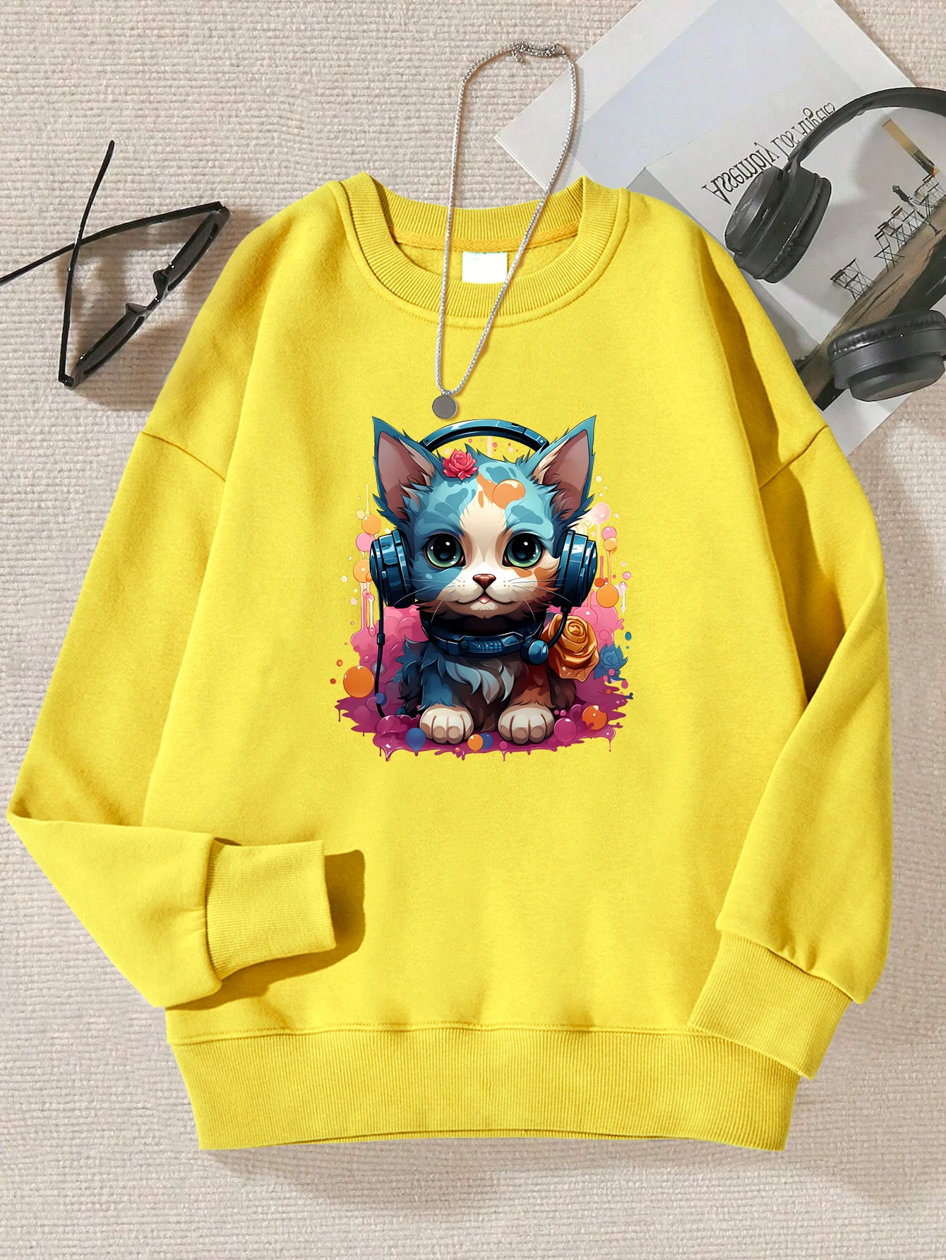 

A Cool And Colorful Cat Printed Sweatshirts Women Street Oversize Autumn Sportswear Hipster Soft Pullovers Hip Hop Warm Clothes