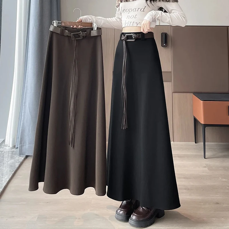

Vintage Suit Long Skirt Women Autumn High Waist Sashes Loose Casual Ruffle Skirts Office Lady Elegant Harajuku A Line Skirt New