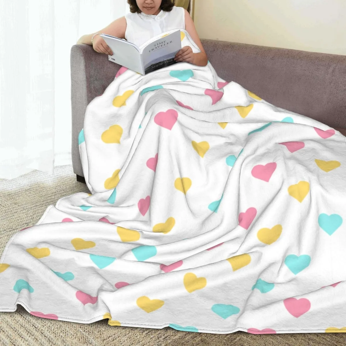 Colorful Heart Blanket for Couch Bed , Travel Camping Comfy