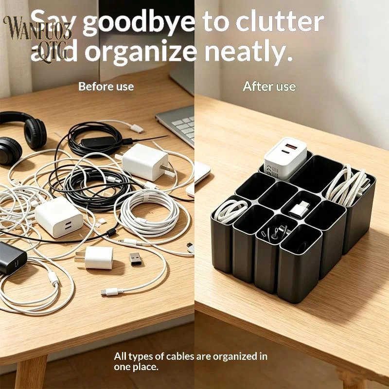 Hot Sale Sturdy Plastic Charger Cable Storage Box 12 Separate Compartments Perfect For Home Office Desk Drawer Organization