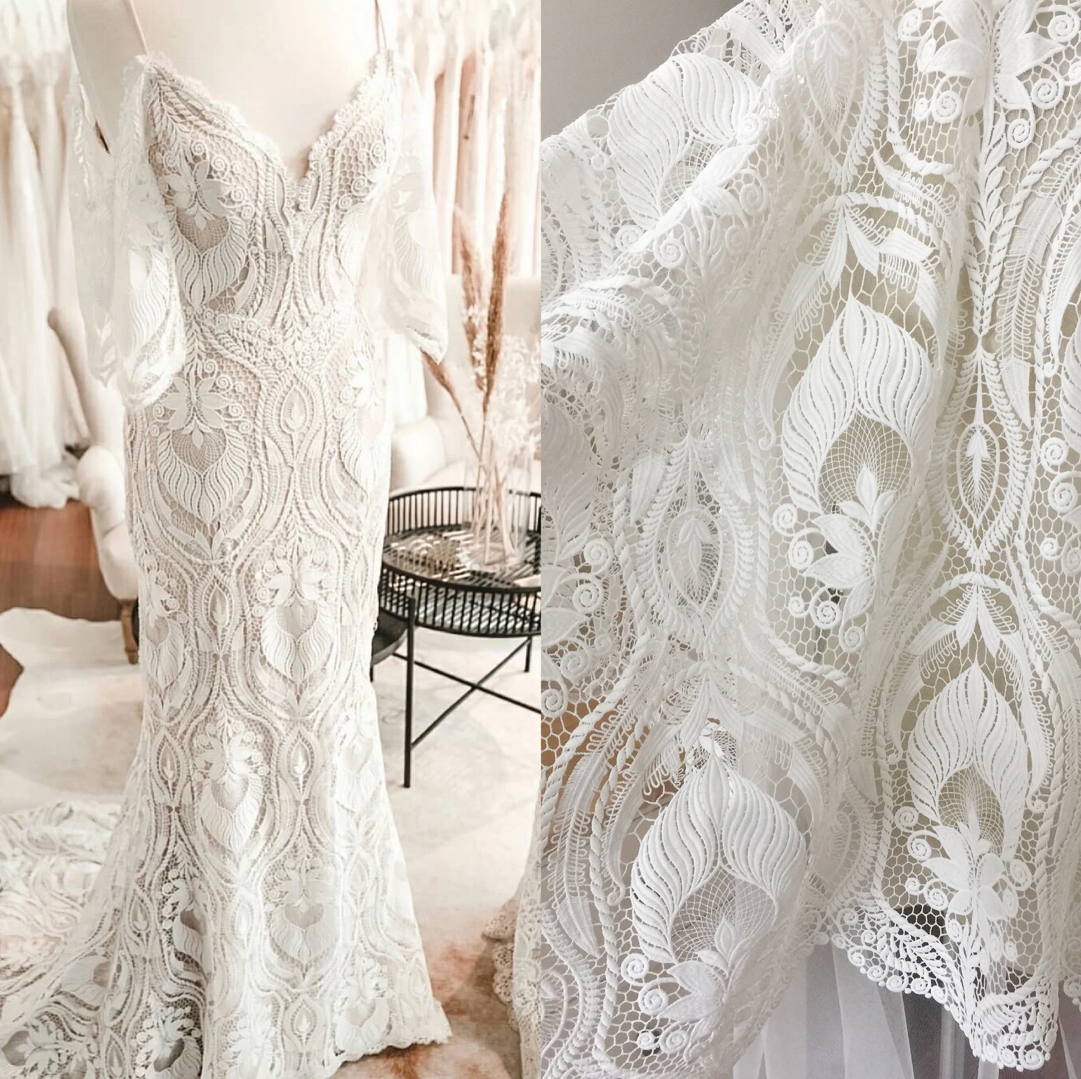 Milk Silk Hollow Lace Fabric, Bridal Wedding Dress Fabric, DIY Accessories, Off White, RS4015