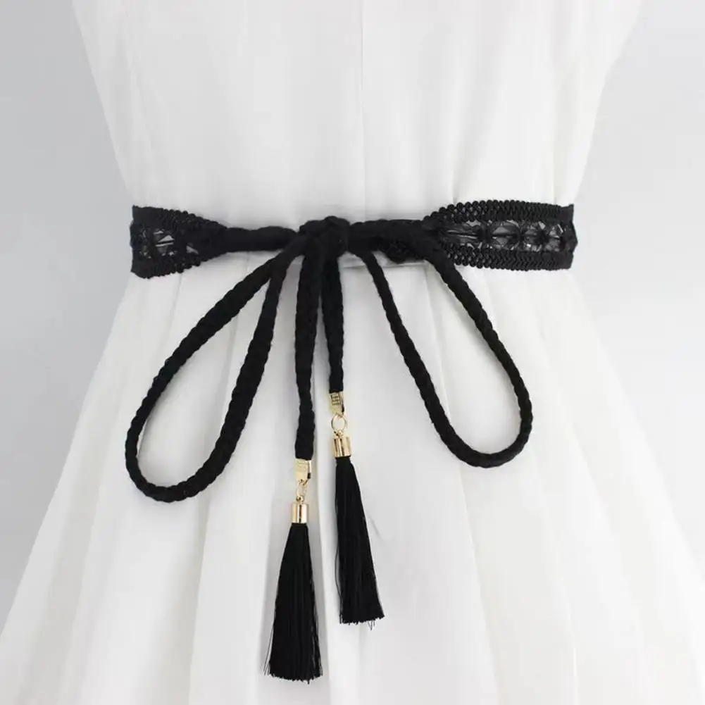 

Versatile Tassel Belt Elegant Lace Decorated Women's Dress Belt with Tassel End Solid Color Waist Cord Stylish Costume for Any