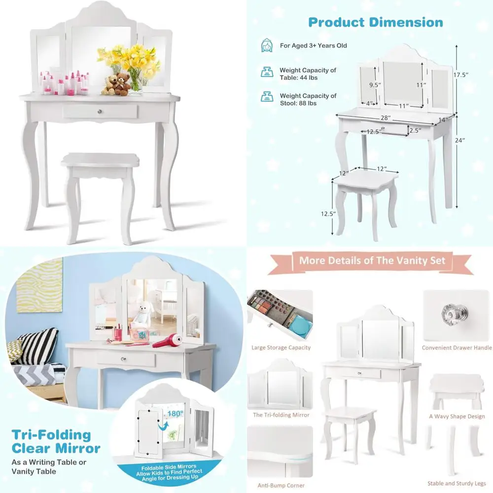 

Wooden Toddler Dressing Table with Tri-Folding Mirror, Stool, Drawer, Detachable Vanity Top for Princess-Themed Playroom
