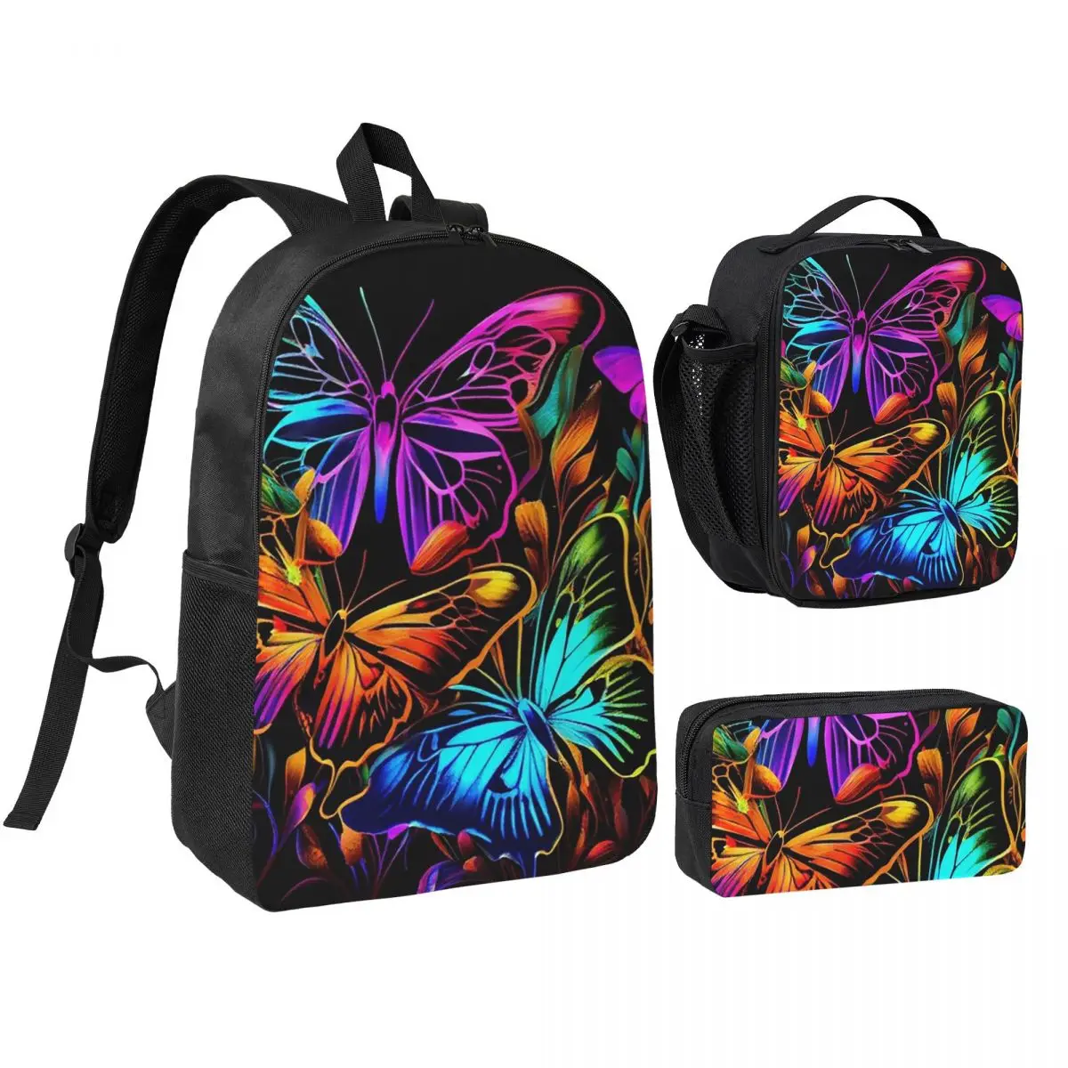 Vibrant Butterfly And Flower Pattern Backpack Student BookBag School Bag Shoulder Bags 3ps Insulated Lunch Bag Pencil Case