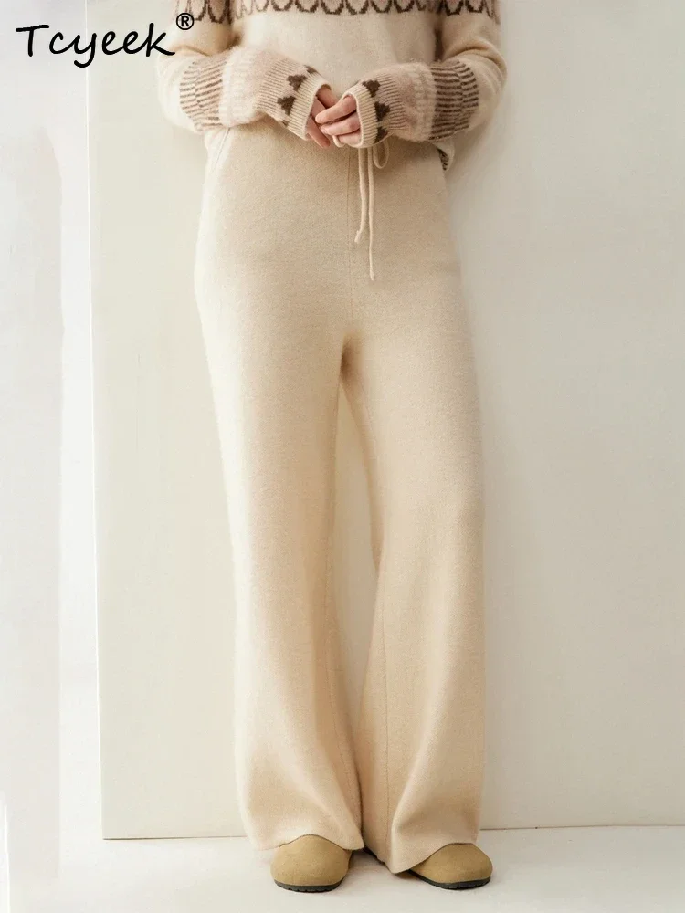 Tcyeek Women's Straight Pants 100% Cashmere Pants Autumn Winter Trousers Thicked Warm Trousers Elastic Knit Office Lady Bottom