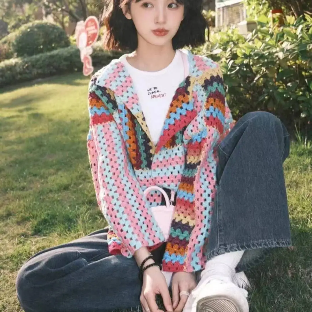 

Colorful Crochet Knitted Hollow Cardigan Sweater Jacket New Top Loose Women's Clothing