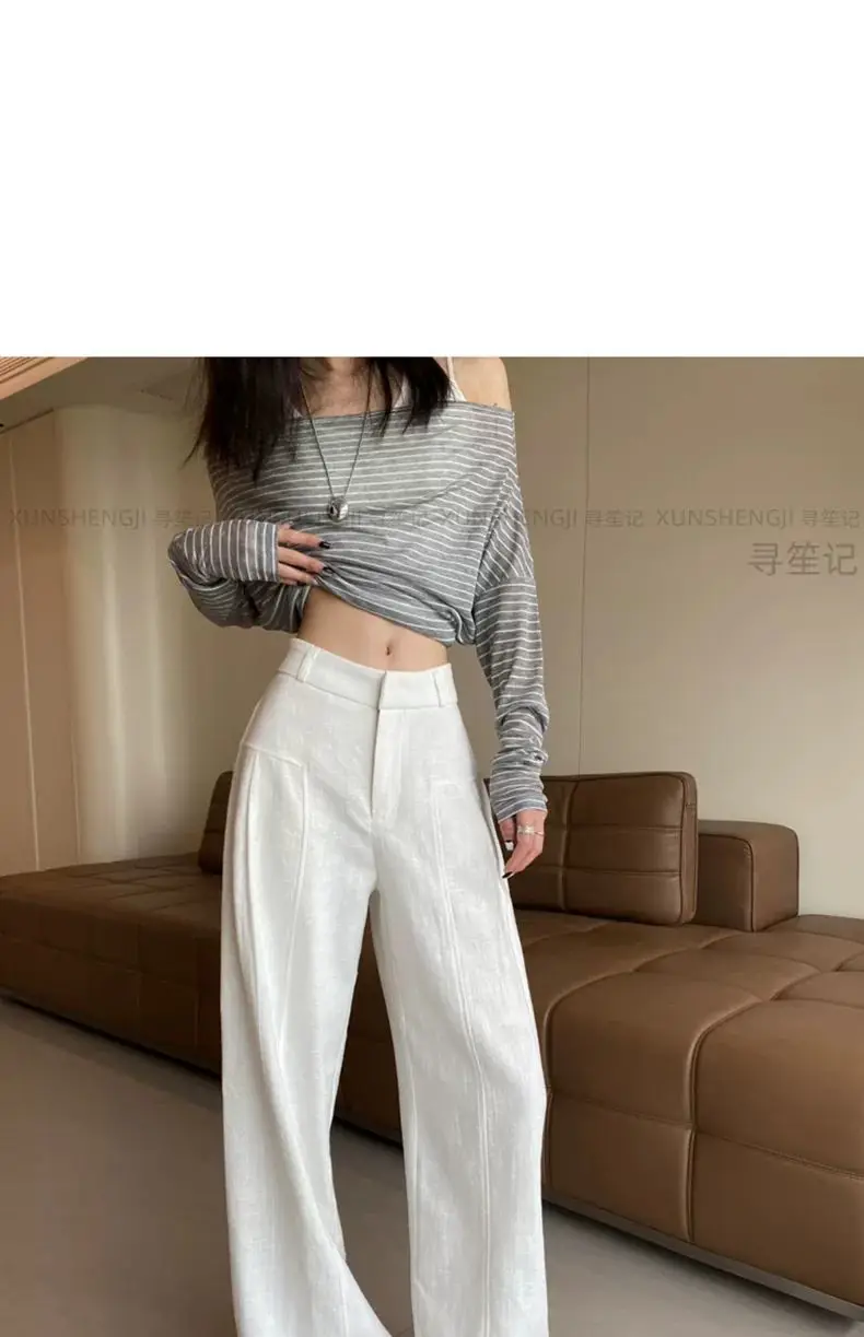 White Ramie Wide-leg Pants Women's Summer Thin High Waist Drape Old Money Style Suit Straight Sub-cotton and Linen Casual Pants