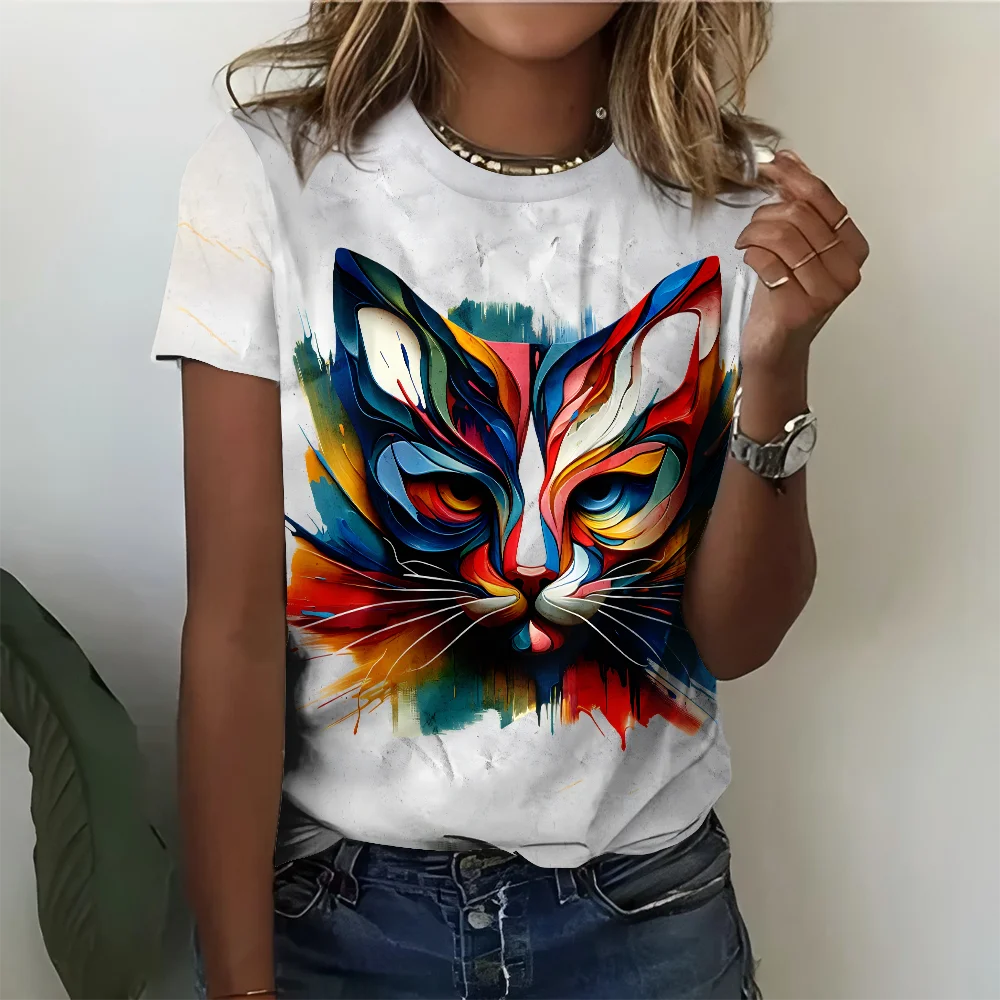 

Colorful Cat Art White Pattern Women's T-shirt - Art Fashion Casual Loose Comfortable Short Sleeve