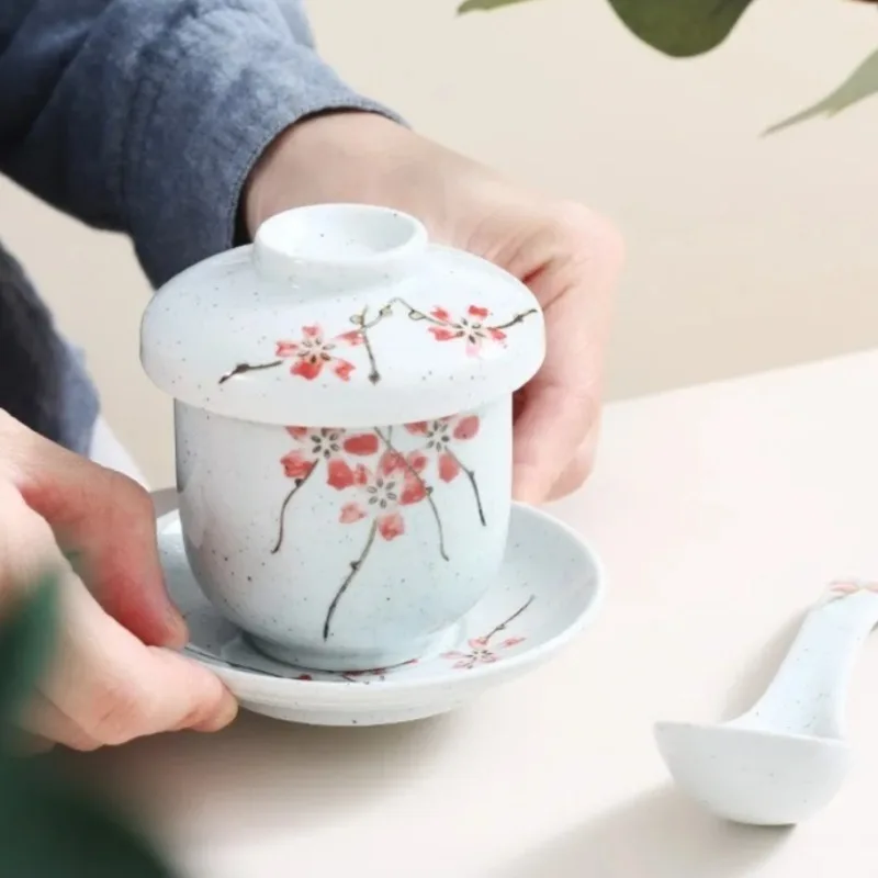 

Porcelain Stew Pot Japanese Cherry Blossoms Ceramic Stew Bowl with Cover Multifunctional Steamed Egg Dessert Cup Snack Plate