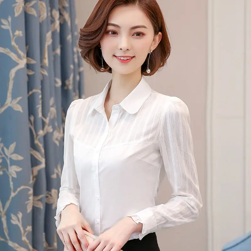 

Женская блузка, осенне-зимний женский топ с вышивкой, белая рубашка с длинными рукавами и воротником-стойкой, Blusas Ropa De Mujer JJ255