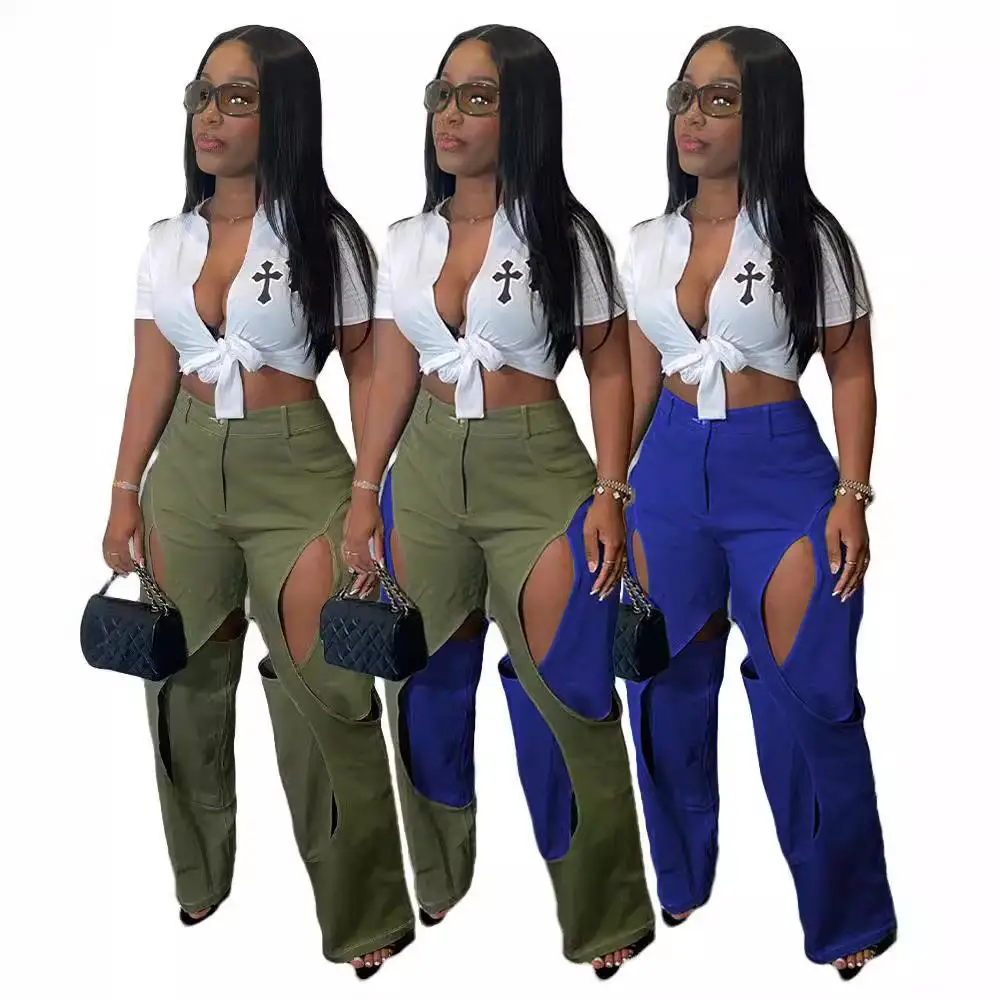 

Faionable Women's Line Splicing Hollow out Pants Straight Leg Casual Trousers Low Waist Polyester Fiber Mid-Aged Women