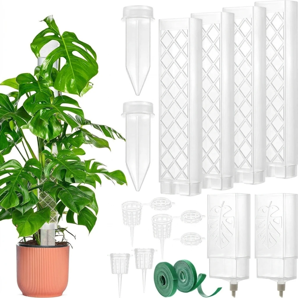 Gardeners Moss Pole Climbing Support for Indoor Plants Monstera Pothos Stackable White Transparent Sticks with Water Drippers