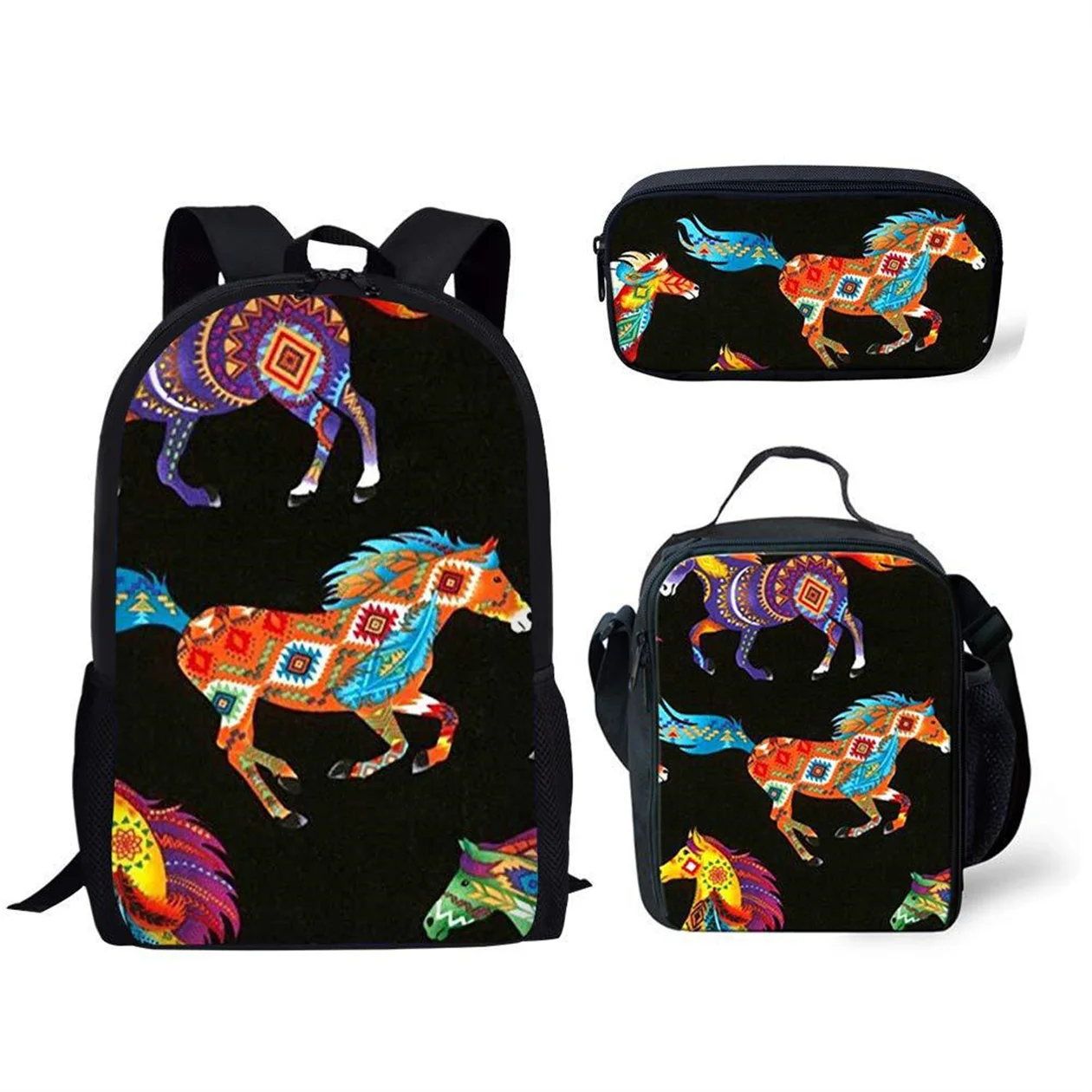 Animal Horse Backpack 3pcs Set, School Bag Horse Print Backpack Boys Girls Travel Rucksack Backpack with Lunch Bags,Pencil Bags