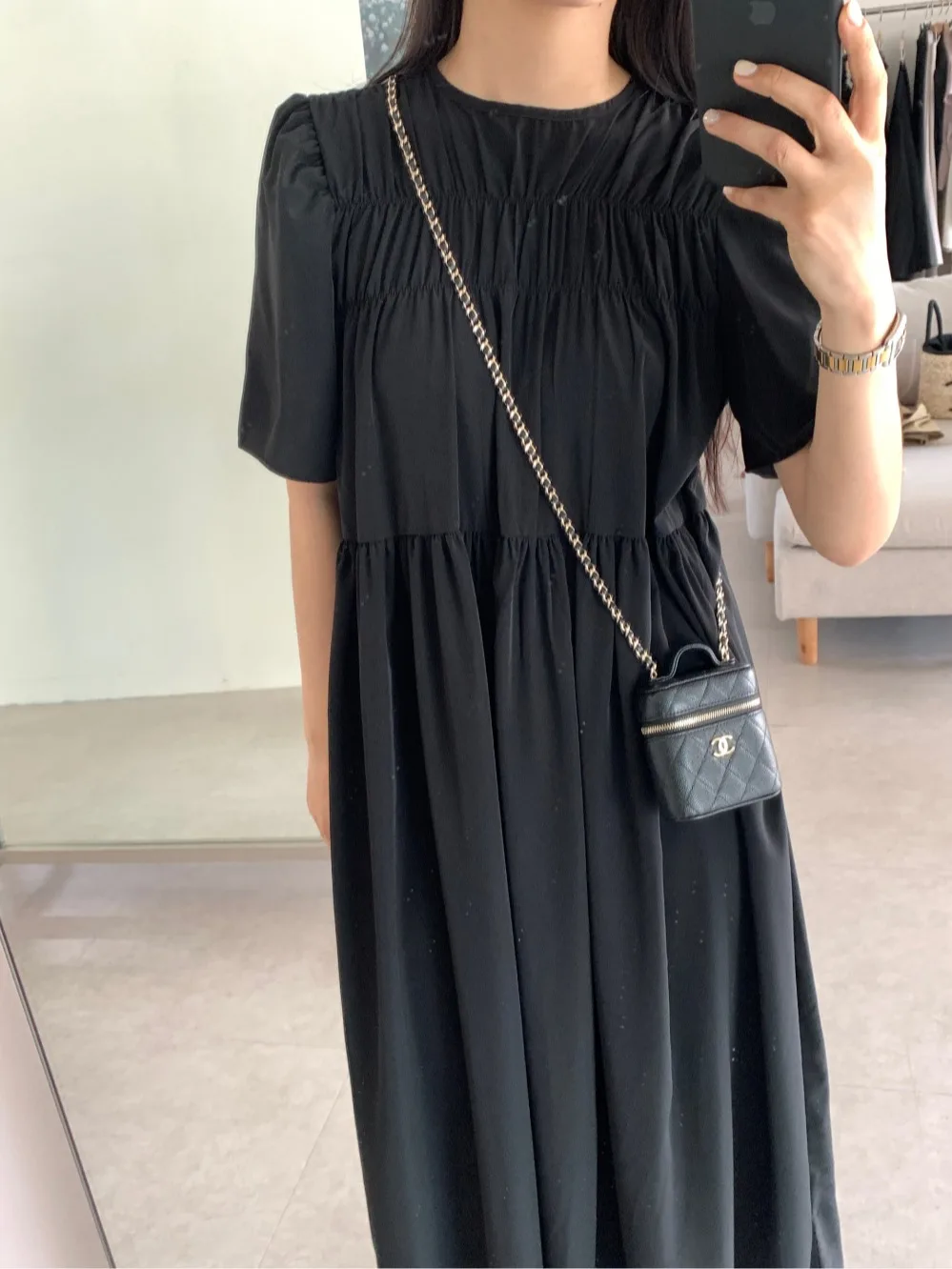 

Ele Bla Long Dr Chic Gentle Sle round Ne с высокой талией для похудения Bubble Sve Women's Faion Cotton Summer Dr