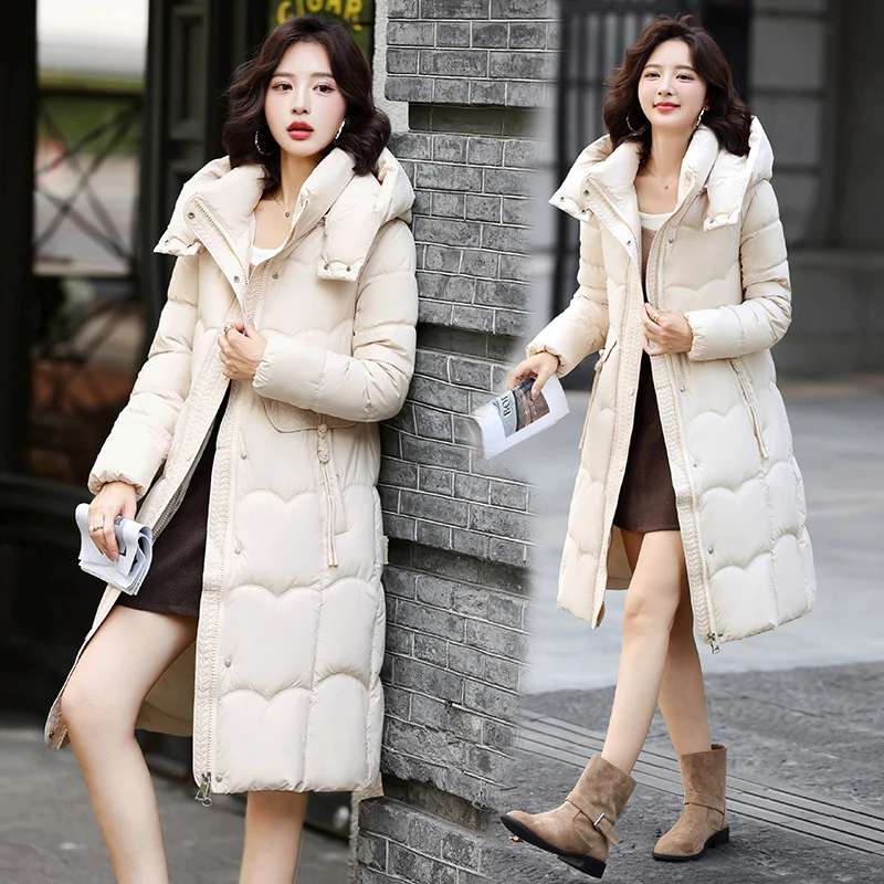 Jaket Wanita Panjang Sedang Berbahan Katun Tebal dengan Model Pelangsing dan Topi yang Dapat Dilepas, Pakaian Luar Musim Dingin dengan Ritsleting Panjang