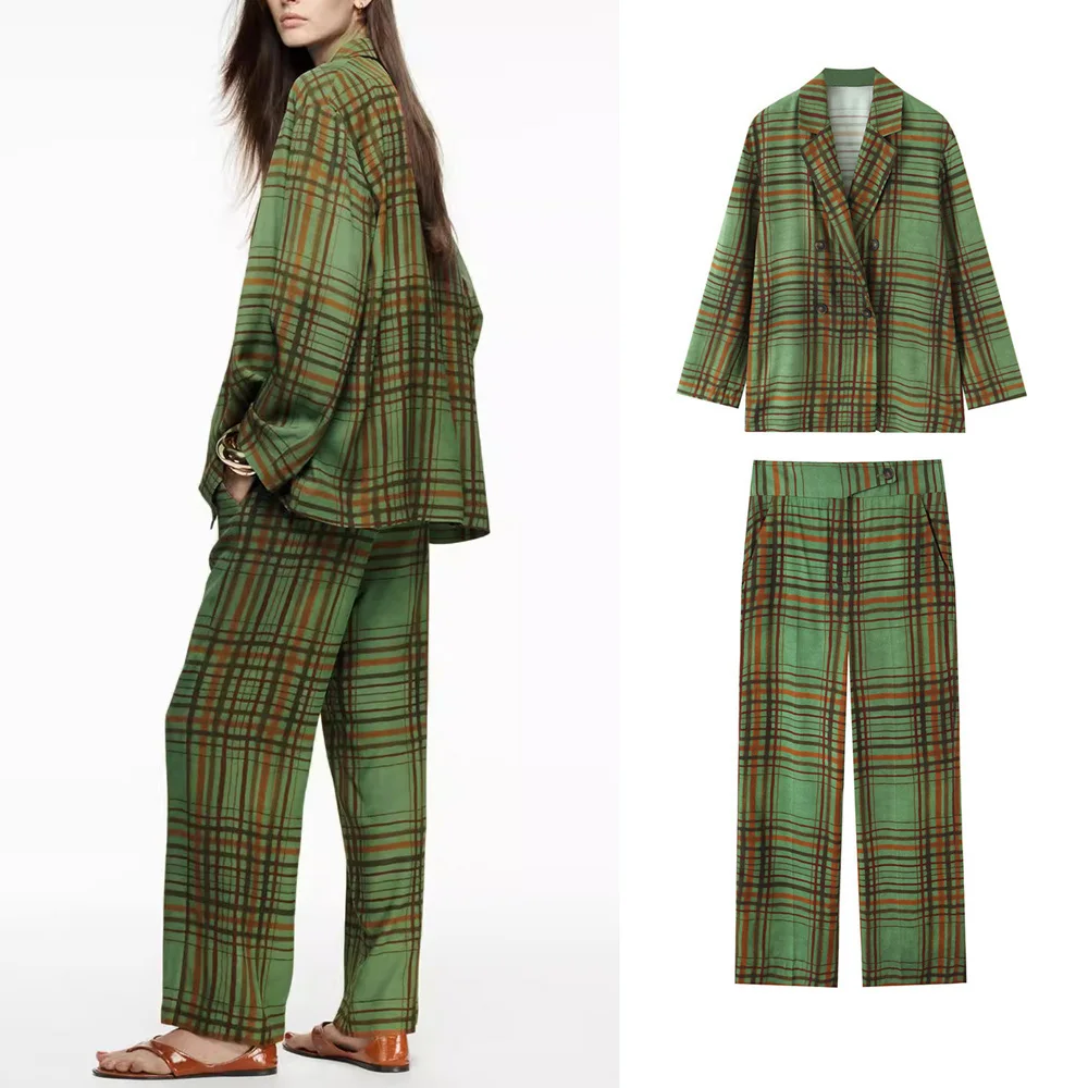 PRINTKAOIR Amerikanischen Retro Herbst frauen Mode Einfache Karierten Anzug Kragen Lange ärmeln Mantel Breite bein Hosen 2-stück Set Weibliche