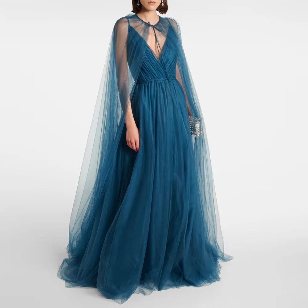 

Modern A Line Women‘s Evening Gown Ankel Length Tulle Formal Party Dress V Neck Prom Dress Sleeveless With Shawl Saudi Dress