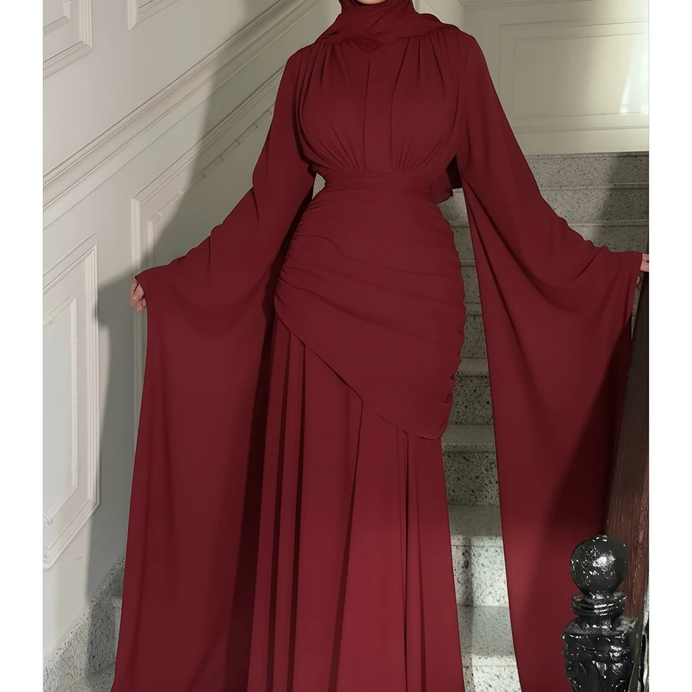 Personalizado a linha vestidos de noite até o chão gola alta manga cheia vestido de baile simples moda plissado drapeado vestido de festa casual