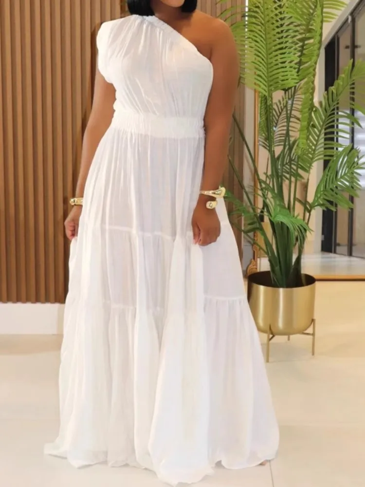 

Fashion One-shoulder Sleeve Dress Lady Elegant Sexy Solid Off Shoulder High Waist Loose Dresses Women Holiday Party Skirt Summer