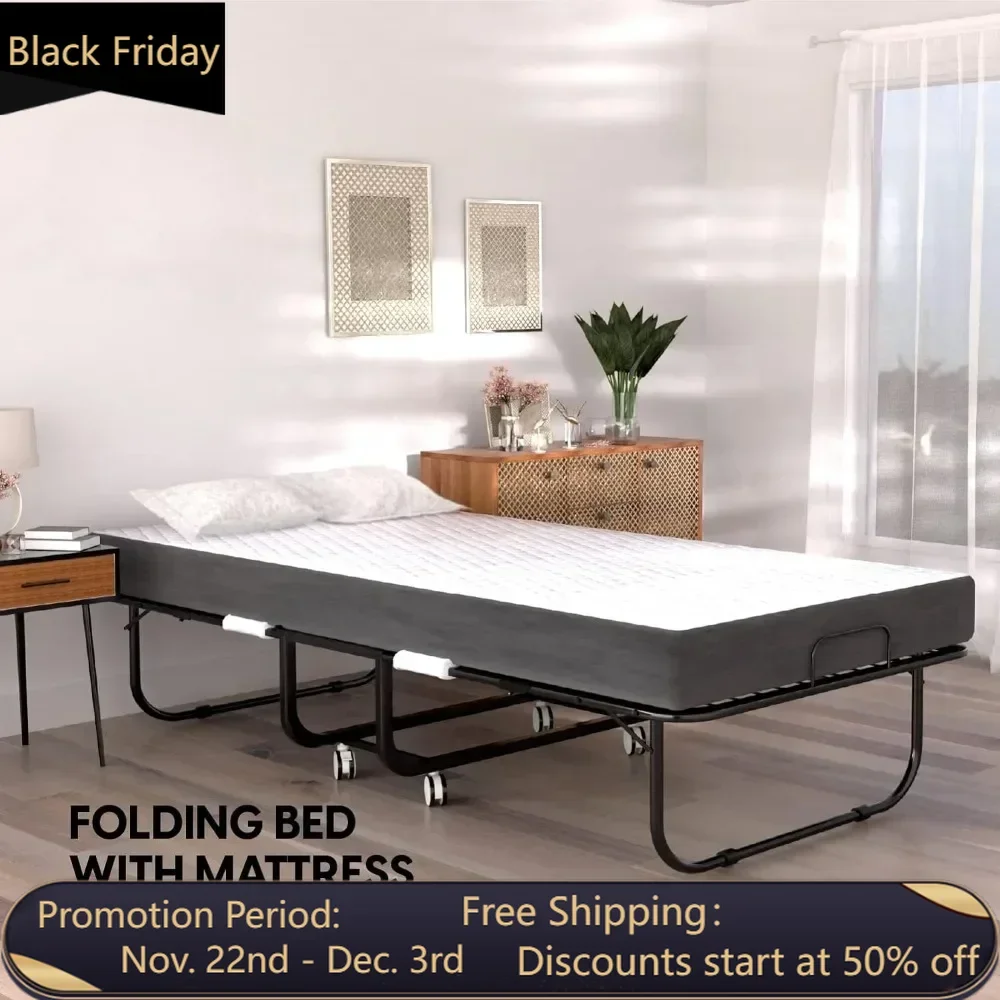 Folding Bed with Mattress - 75x31 Cot Size Bed Frame 5-inch Thick Memory Foam Mattress-Space Saving Fold Up Bed for Easy Storage